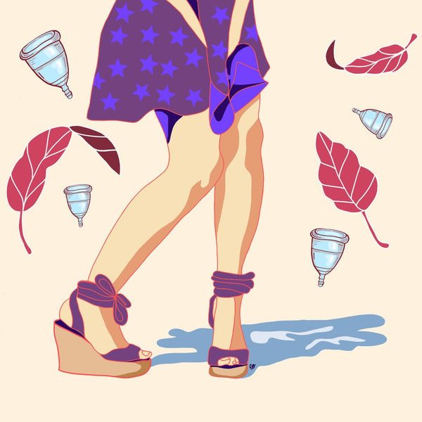 Illustration of woman holding onto her skirt, surrounded by menstrual cups and leaves