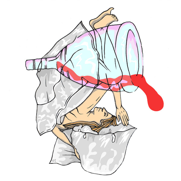 Illustration of an upturned woman in bed with a menstrual cup overflowing.