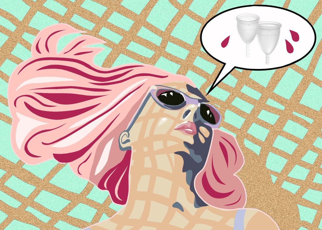 Sunbathing woman with speech bubble illustrating light and heavy flow period cups.