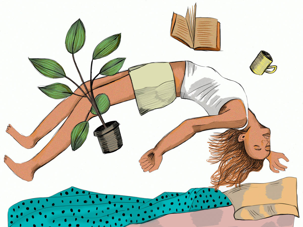 Illustration of a woman falling backwards into bed, with books and plants falling too.