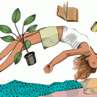 Illustration of a woman falling backwards into bed, with books and plants falling too.