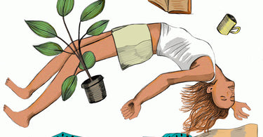 Illustration of a woman falling backwards into bed, with books and plants falling too.