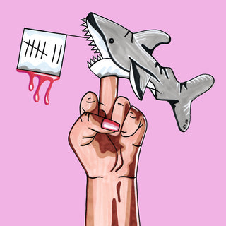 Illustration of shark impaled on a woman's middle finger. Bleeding banner in its mouth indicates five out of ten days passed.