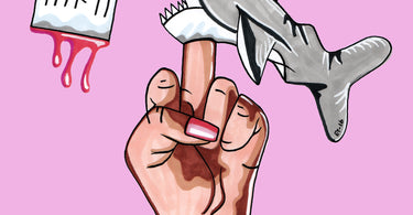 Illustration of shark impaled on a woman's middle finger. Bleeding banner in its mouth indicates five out of ten days passed.