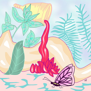 Illustration of a menstrual cup being emptied onto the ground with a butterfly in the foreground.