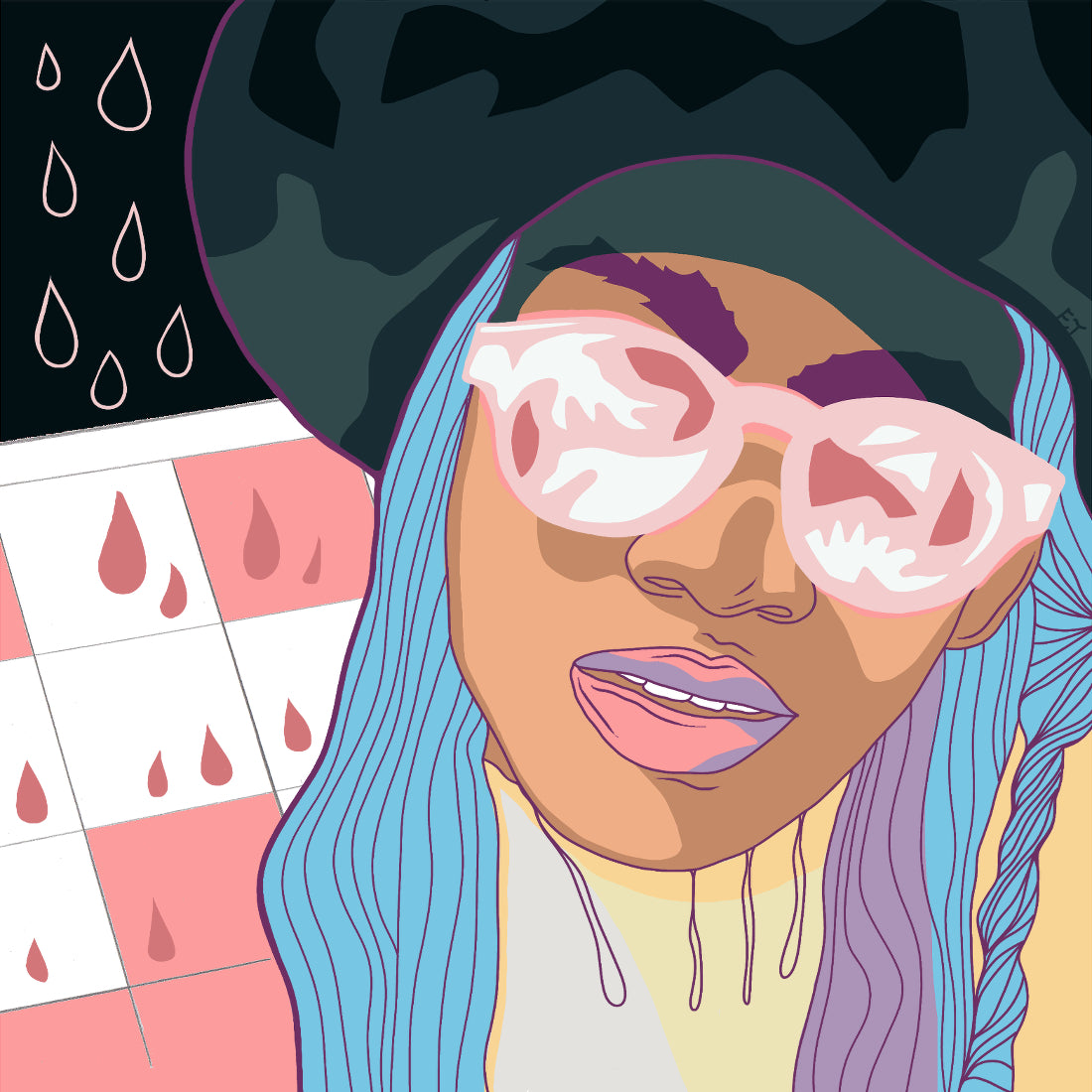 Illustration of woman with period tracking calendar behind her.