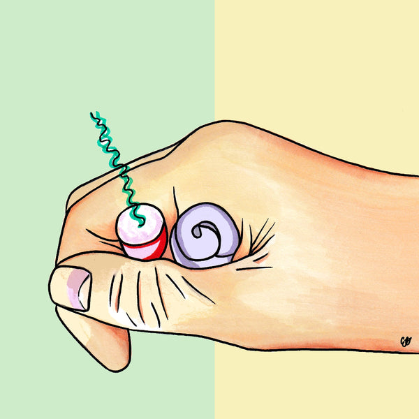Illustration of a hand clenching a tampon and a period cup