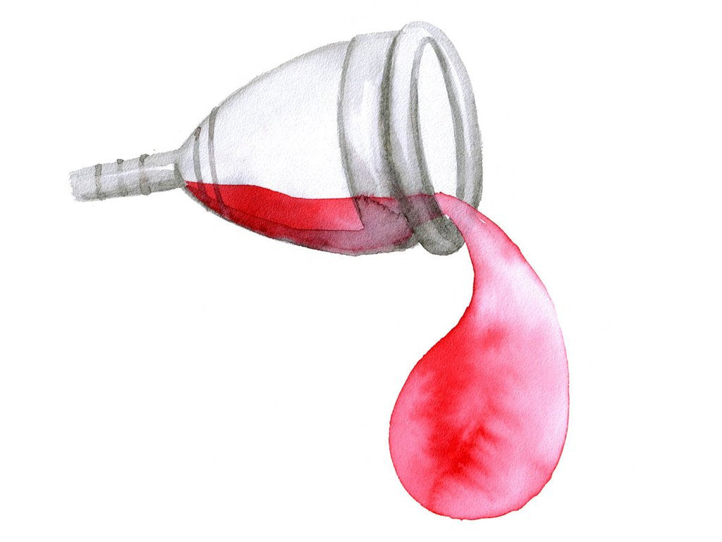 Illustration of a menstrual cup pouring out period blood.