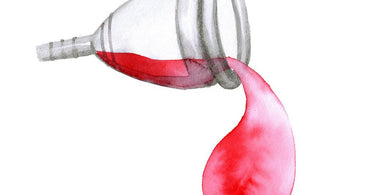 Illustration of a menstrual cup pouring out period blood.