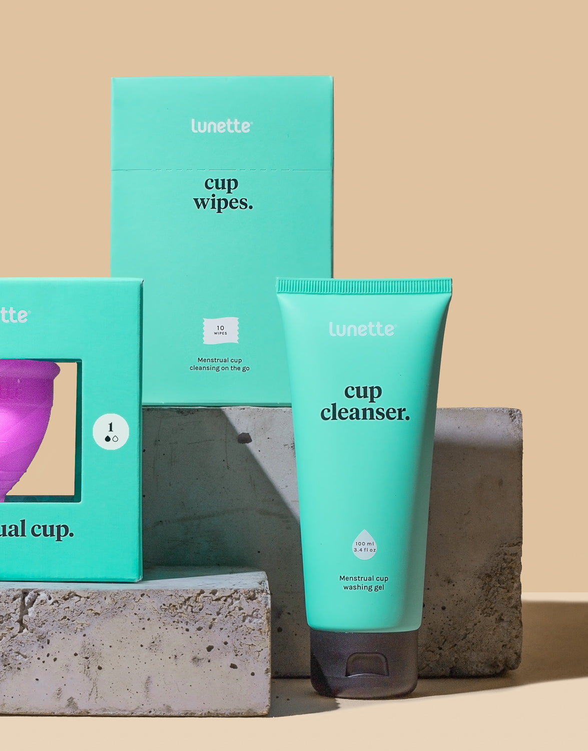 Violet period cup, washing liquid, cleaning wipes