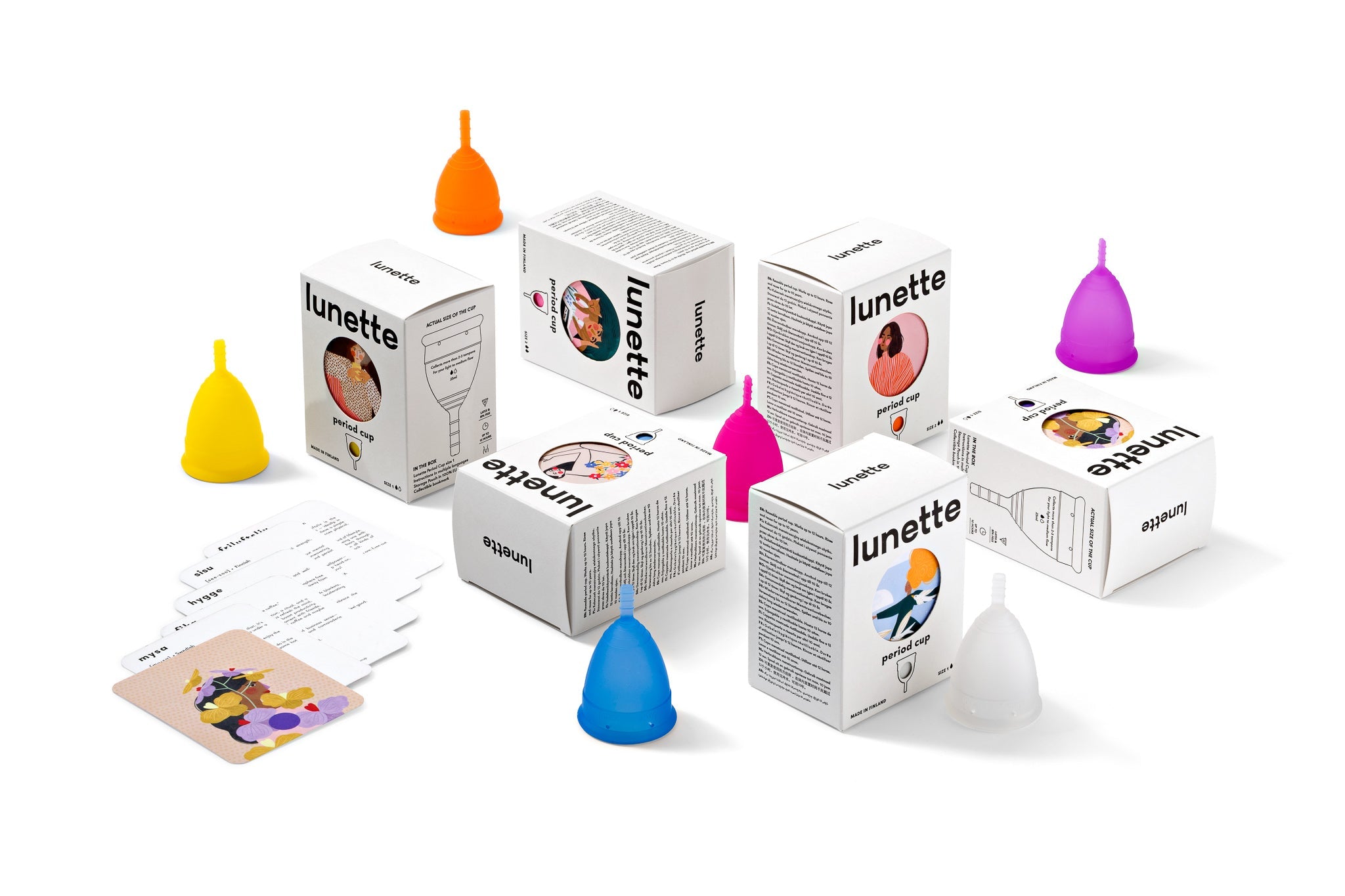 Menstrual cups in blue, orange, purple and yellow
